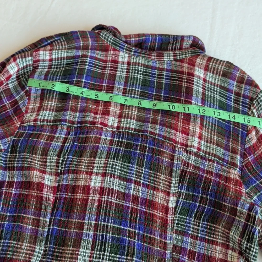 Pilcro Cinched Deep V Plaid Button Down Longsleeve Multicolor Boho Top Size L - Picture 9 of 11